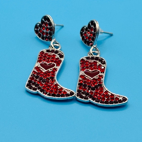 Red Rhinestone Cowboy Boot Earrings - Picture 1 of 5
